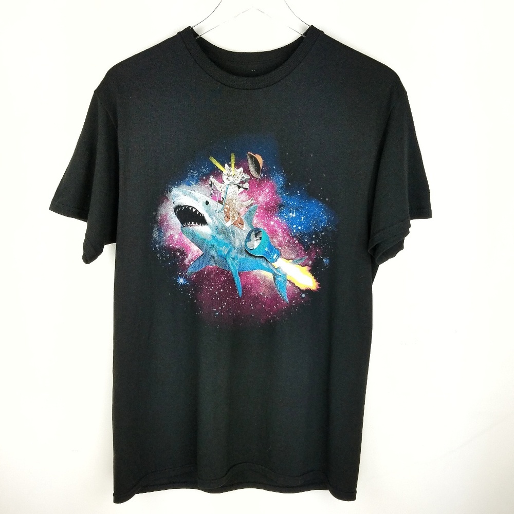 Kitten Riding Shark Unisex T-shirt Black